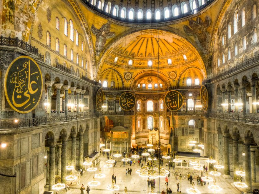 Interior of Hagia Sophia in Istanbul by Architects Isidore of Miletus and Anthemius of Tralles. built from 532–537
