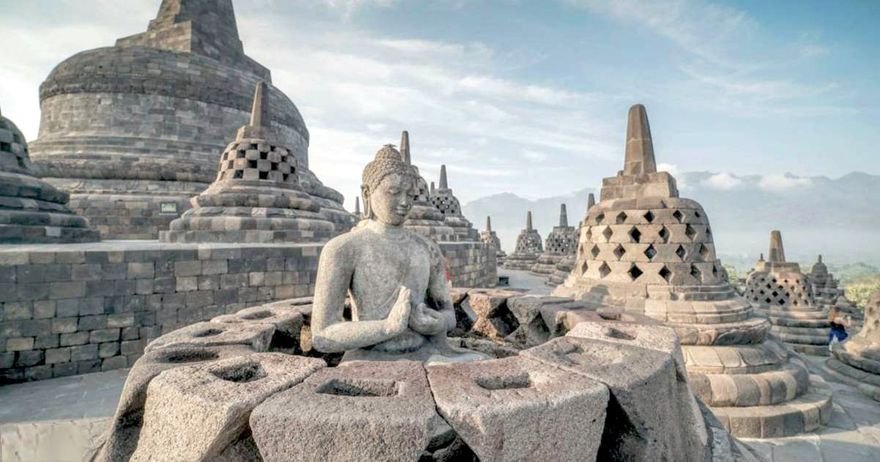 Detail view of statues and stupas on the Borobudur in Magelang. Java built in the 7th. Century