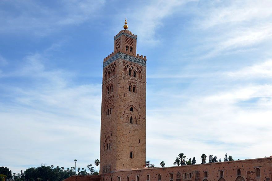 Kutubiyya Mosque at Marrakesh built by Abd al-Mu'min in 1158 A.D. construction of the minaret around 1195 A.D..