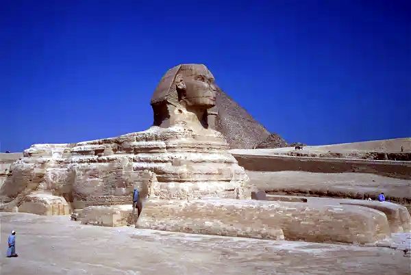 The Great Sphinx of Giza dating from around 2500 B.C. Giza, Egypt, recent studies suggest the Sphinx was built at 7000 B.C.