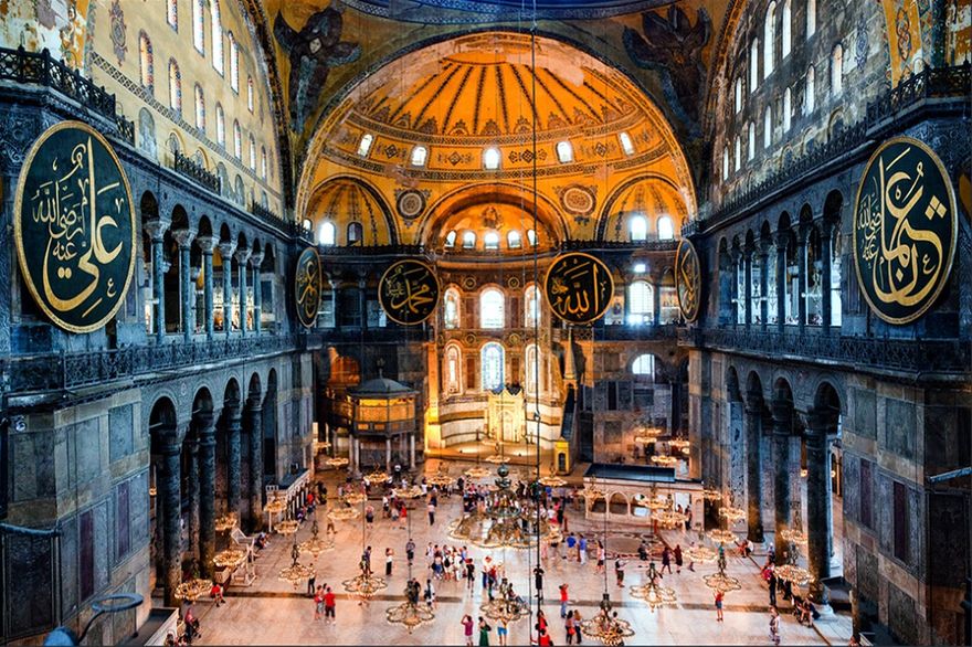 Interior of Hagia Sophia (Istanbul, Turkey), 537 A.D., by Anthemius of Tralles and Isidore of Miletus