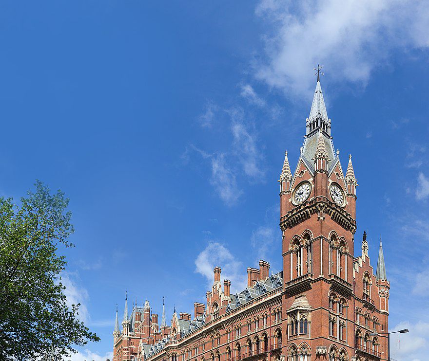 Gothic Revival - Saint Pancras Station, London, was designed by William Henry Barlow and opened on 1 October 1868 A.D.