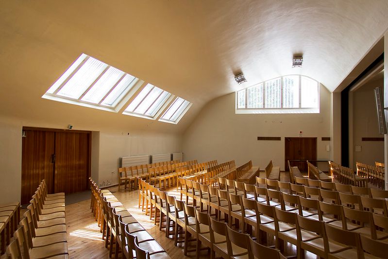 Interior of the church at Vuoksenniska, Finland, finished in 1958, by Alvar Aalto. This is Aalto's most original church design in his most individual style.